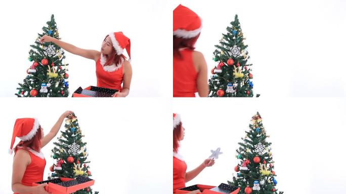 圣诞老人女孩装饰圣诞树