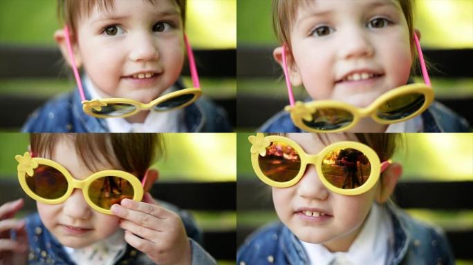 看着相机的女孩。慢动作。