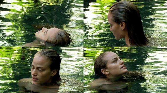 年轻女子在天然水池中沐浴