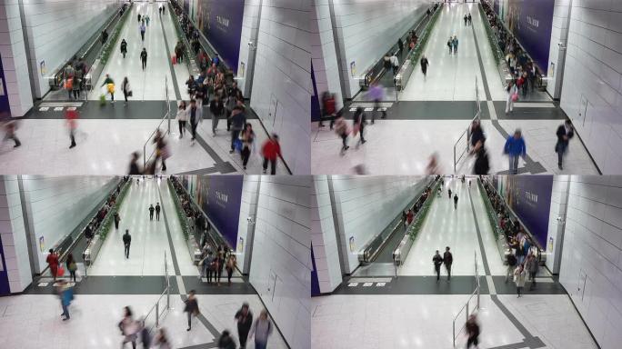 乘客在机场乘坐自动扶梯，时间流逝。