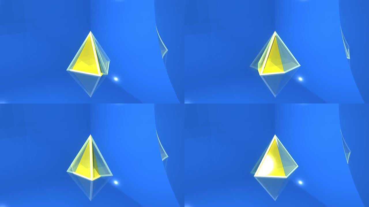 3D玻璃金字塔旋转的蓝色背景