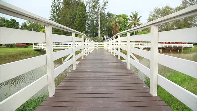 高清多莉: 公园里穿越池塘的木桥。