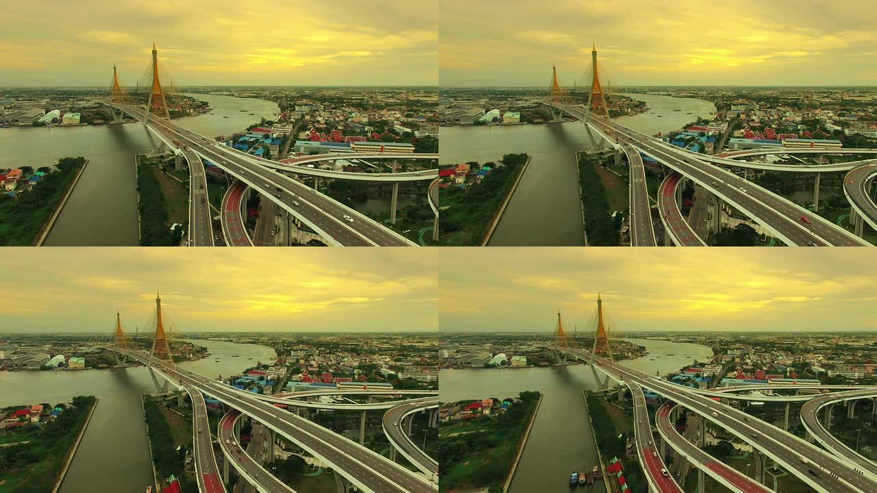 曼谷普密蓬大桥的鸟瞰图