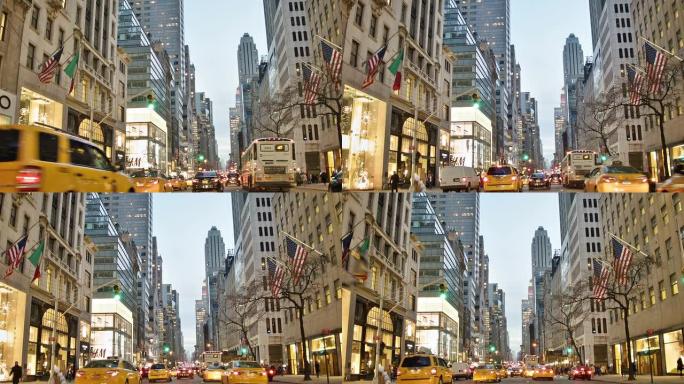 纽约街悬挂的星条旗冬季金融街车流