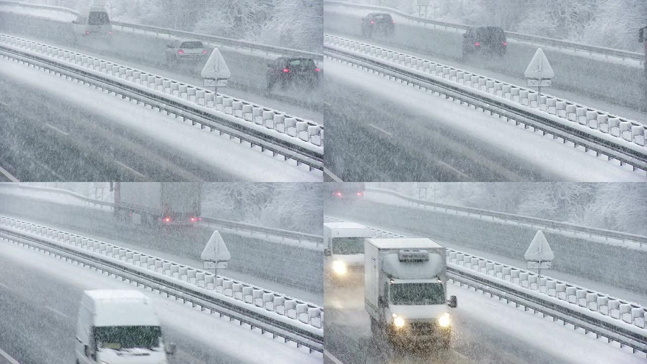 在雪地上的高速公路上行驶