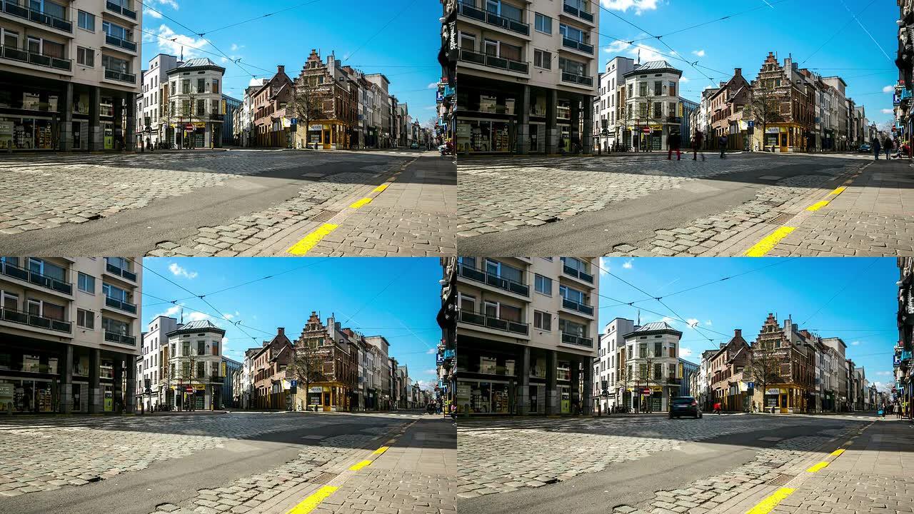 高清延时：比利时安特卫普古城的城市步行者