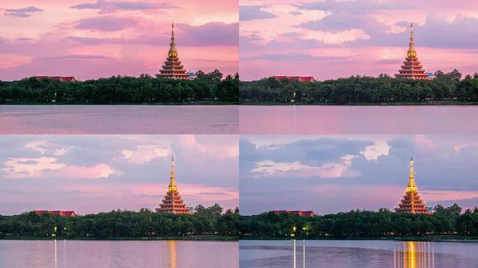 泰国布恩卡洪湖Wat Nong Wang庙的延时日落