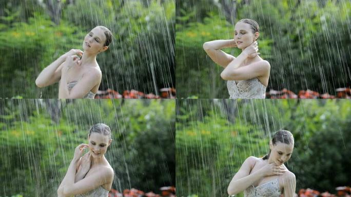 年轻女子在雨中跳舞