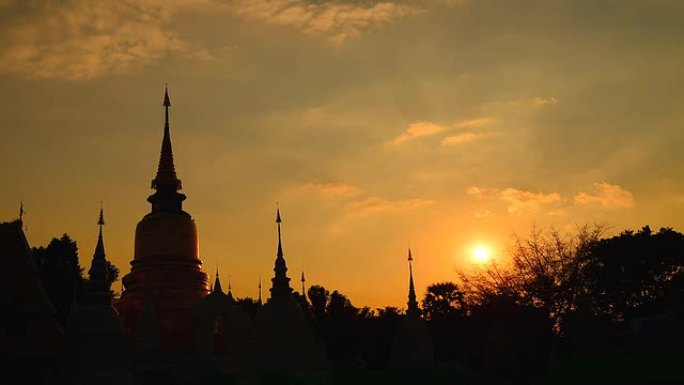 时间流逝：日落剪影处的缅甸艺术风格寺庙宝塔