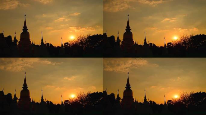 时间流逝：日落剪影处的缅甸艺术风格寺庙宝塔