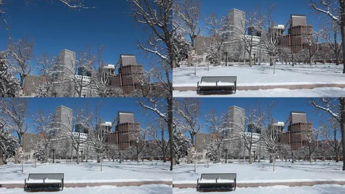 高清视频Snowy Civic Center公园和丹佛市中心天际线