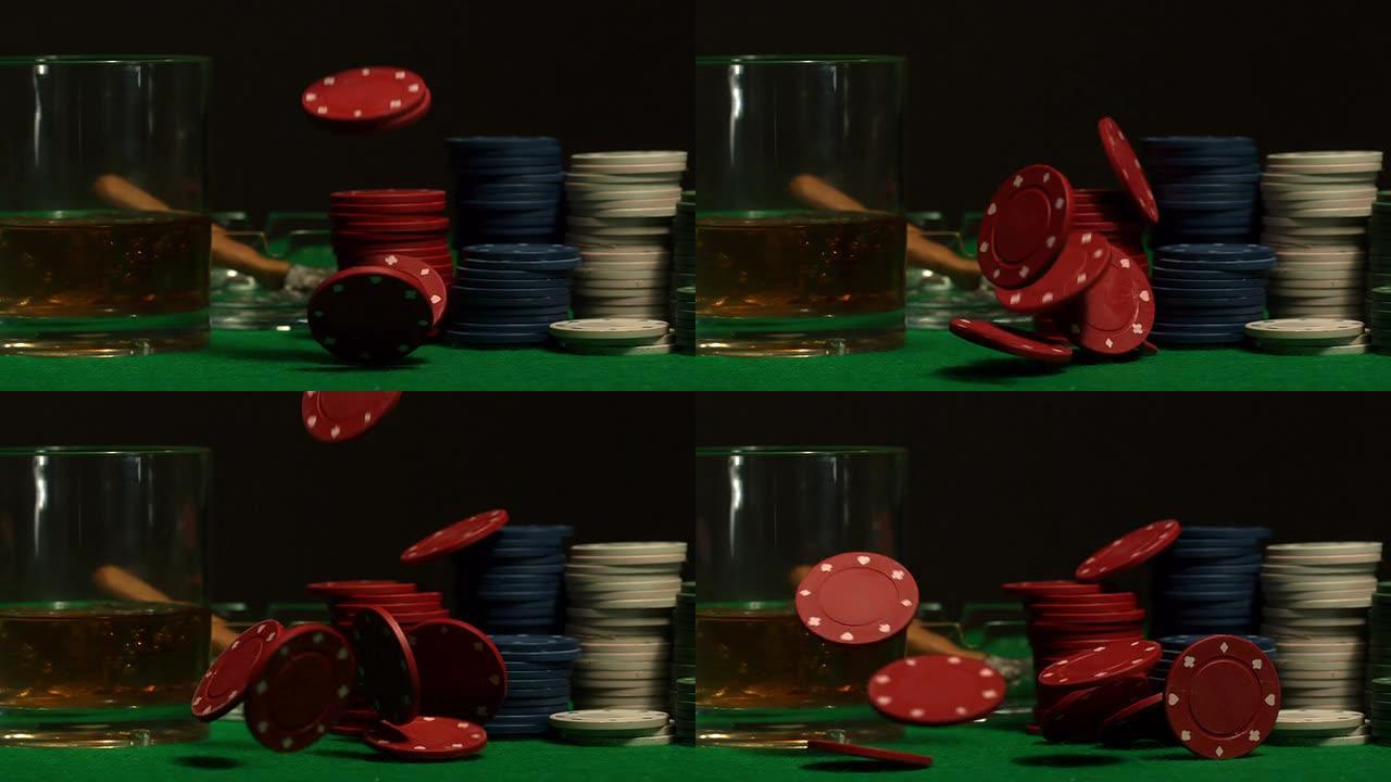 筹码在赌场桌上掉落和弹跳