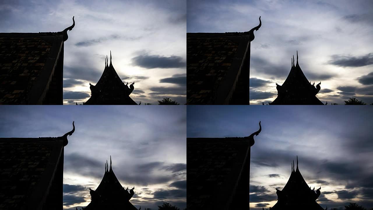 云在泰国清迈的泰国佛教寺庙上空移动的时间流逝