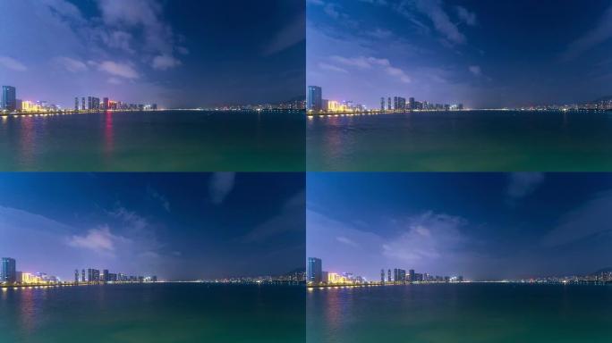 夜间，杭州河岸的天际线和现代建筑，时间流逝。