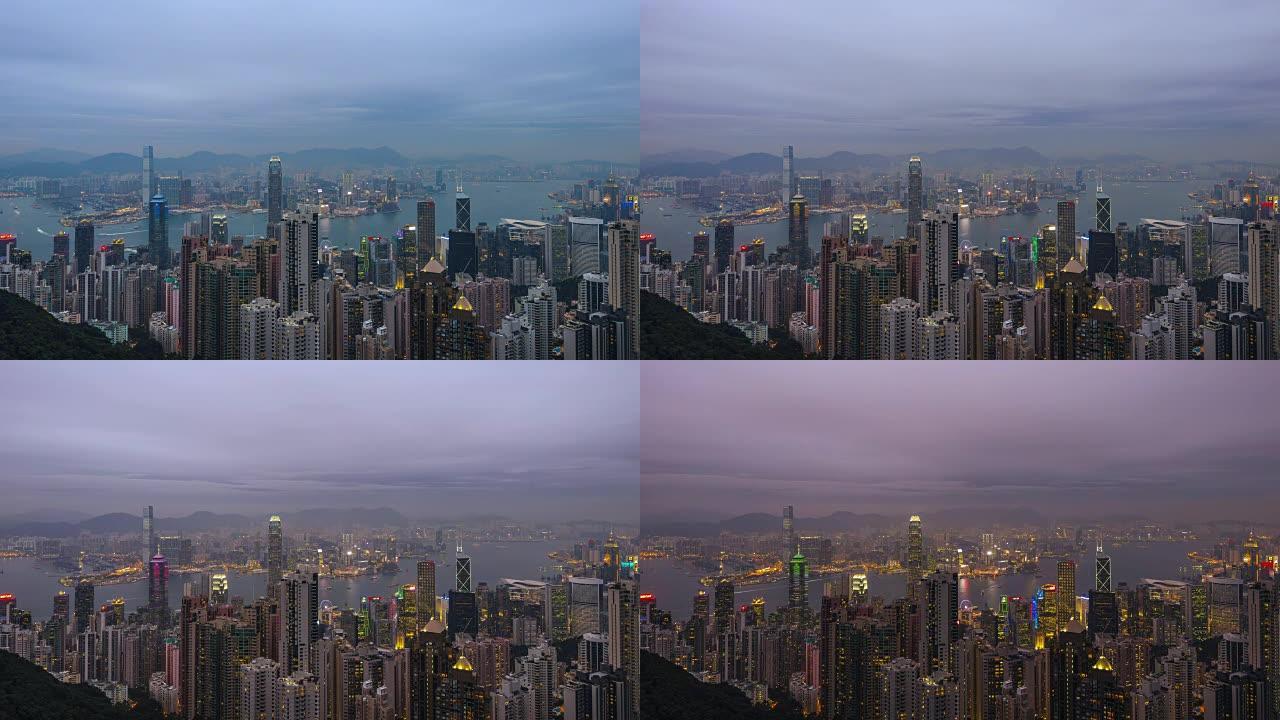 延时-香港天际线海港在黄昏垂直照明