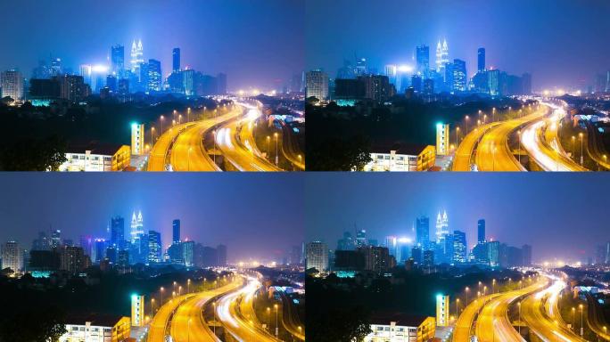 繁忙的交通，现代建筑和城市城市吉隆坡晚上，时间流逝。