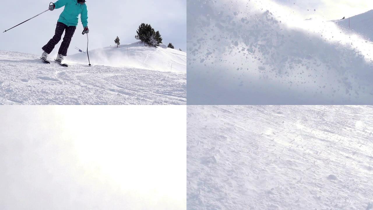 高清：年轻女子滑雪超级慢镜头