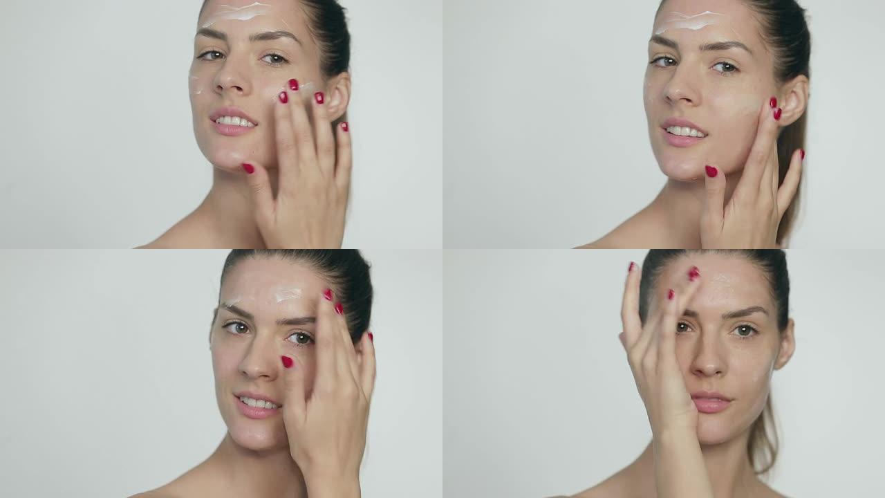 女人在脸上擦面膜外国美女护肤品化妆皮肤面