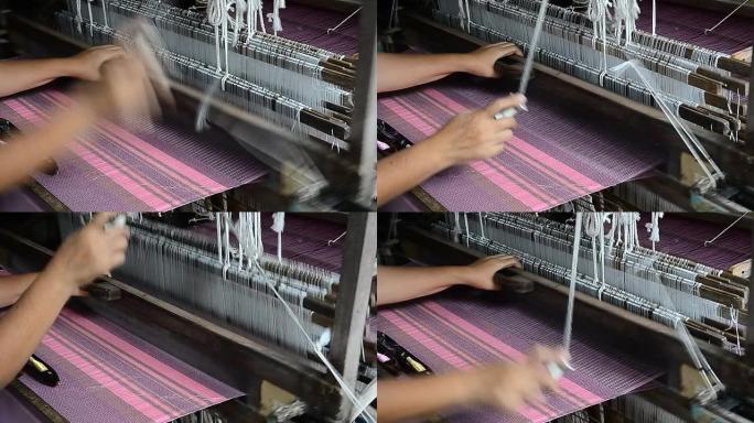 丝绸编织，手工织布机。