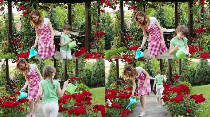 高清: 母女俩在后院浇花。