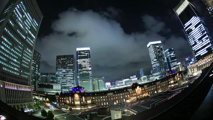东京站夜景灯火车流金融中心城市