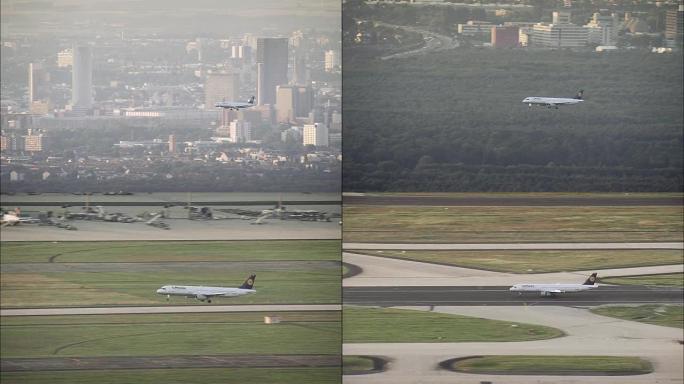 汉莎航空公司在黄昏和降落时飞越法兰克福天际线-鸟瞰图-黑森，直升机拍摄，航空视频，cineflex，