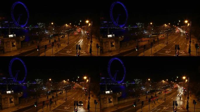 晚上的伦敦、堤岸和大本钟。时间流逝。