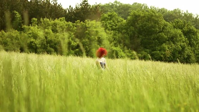美丽的年轻红发女人在草地上玩得开心
