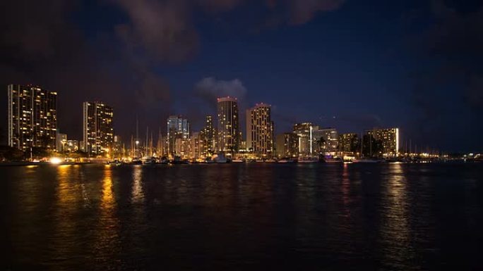 夏威夷火奴鲁鲁市中心的夜晚与海滨时光流逝