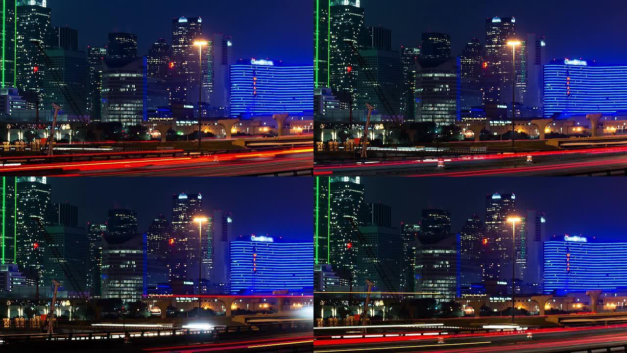 达拉斯天际线夜景灯火车流金融中心城市