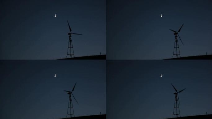 月下的晚风空镜高视角风机