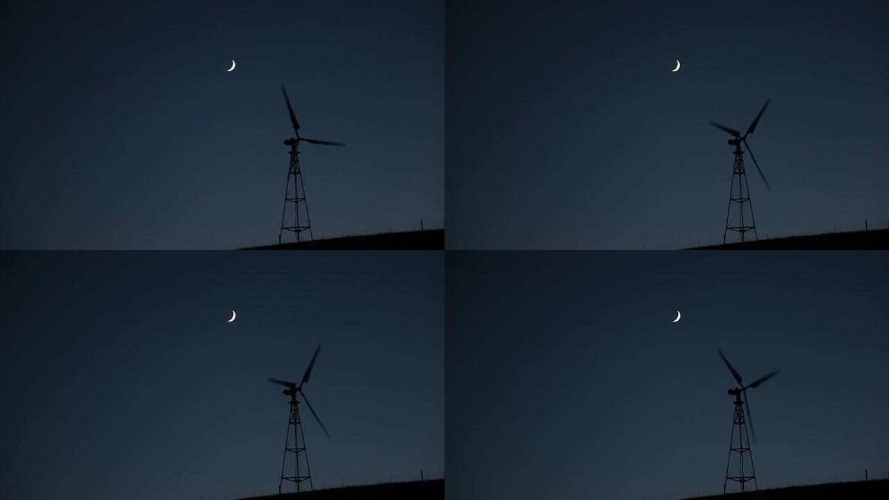 月下的晚风空镜高视角风机