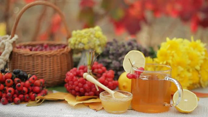 流感季节的山灰、viburnum、柠檬、香草、茶、蜂蜜