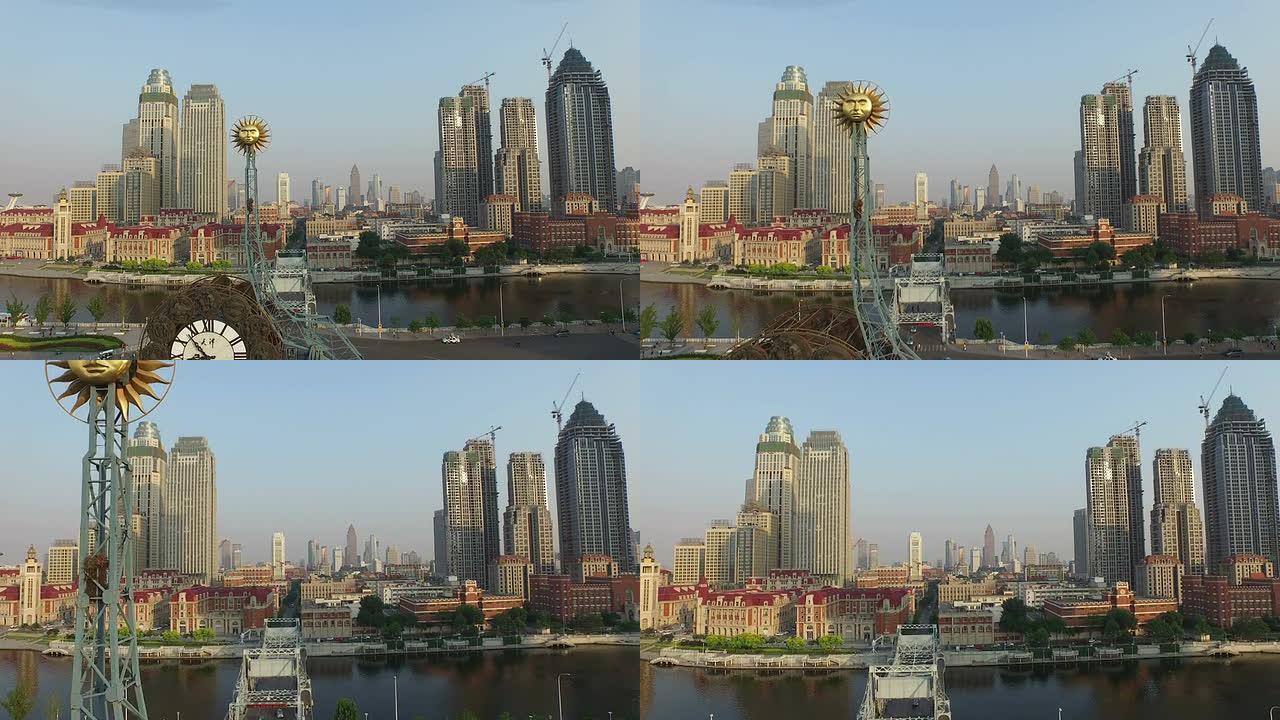 天津现代建筑和城市景观的鸟瞰图，实时。