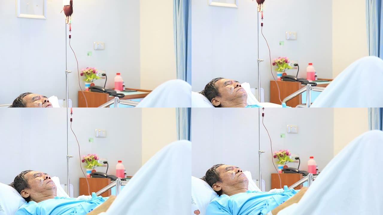 HD crane镜头: 患者在医院接受血液注入