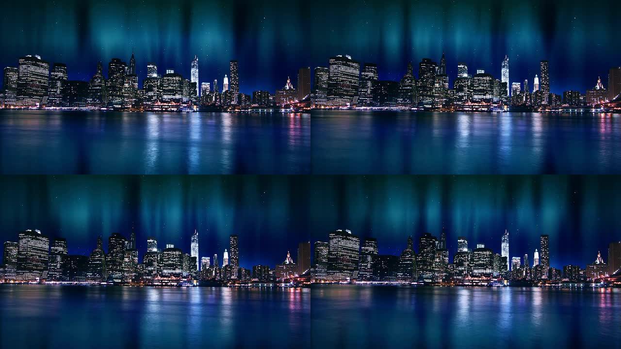 曼哈顿和纽约天际线上空的极光北极星