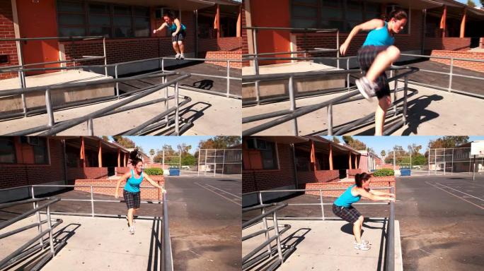 跑酷女孩在她的环境中创造性地移动