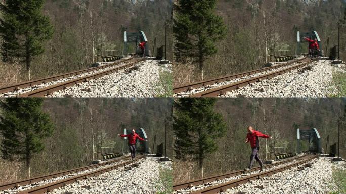 高清: 在火车轨道上行走