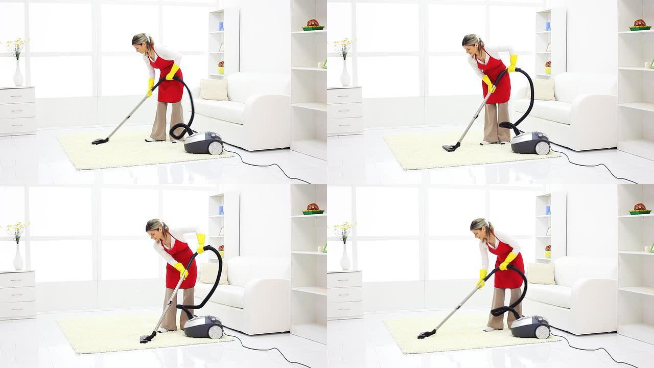 一个女人正在用吸尘器打扫她的客厅。