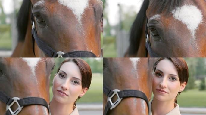 SLO MO肖像的海湾马与黑发女人
