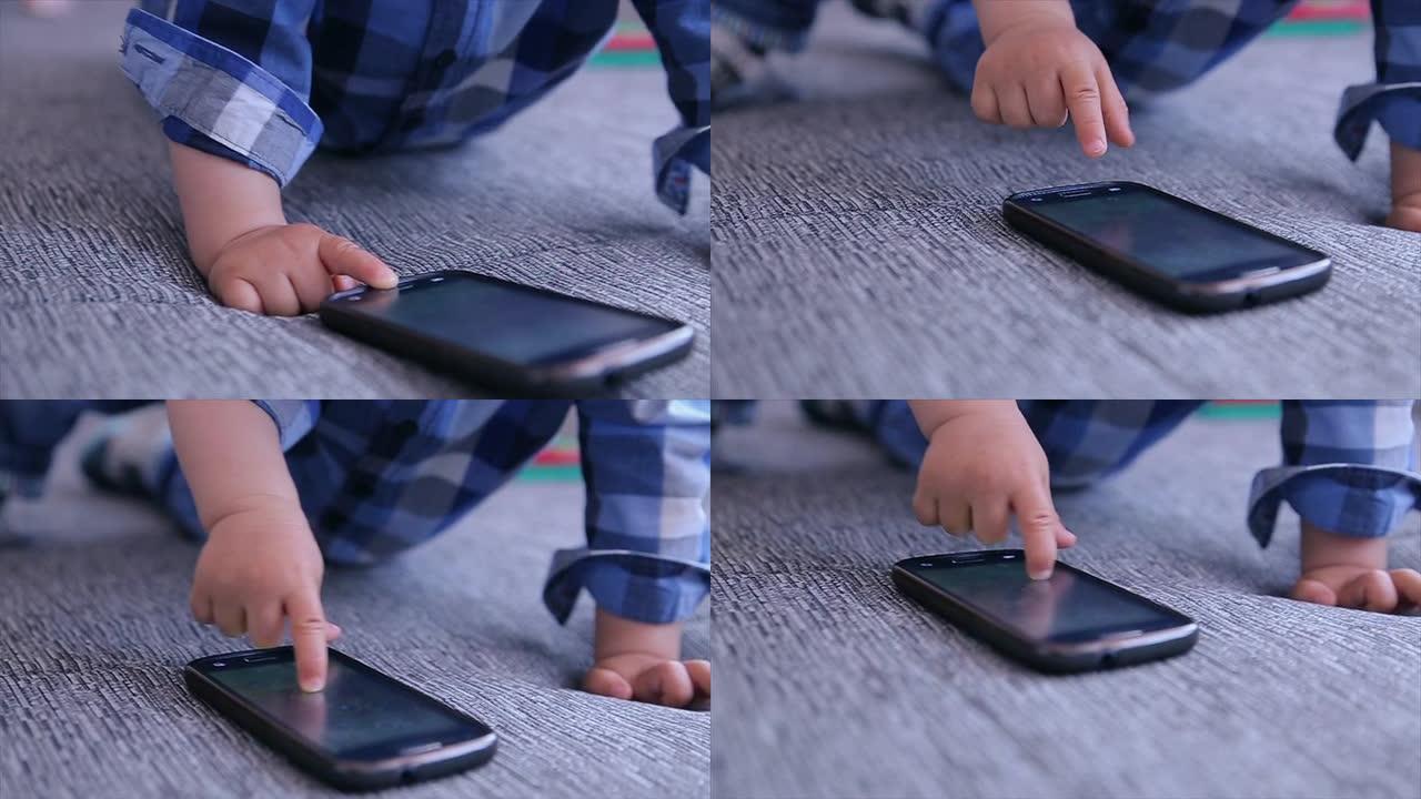 玩手机的婴儿玩手机的婴儿爬行互联网
