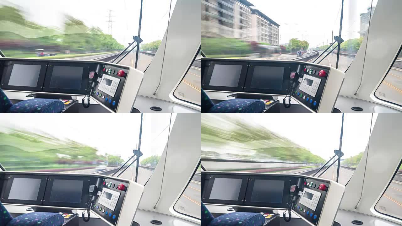 从高速火车上的驾驶室可以看到场景和铁路。延时4k过度