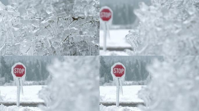 冰冷的停车标志结冰大雪封路