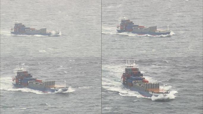 海上小型集装箱船-鸟瞰图-直升机拍摄，空中视频，cineflex，建立镜头，英国