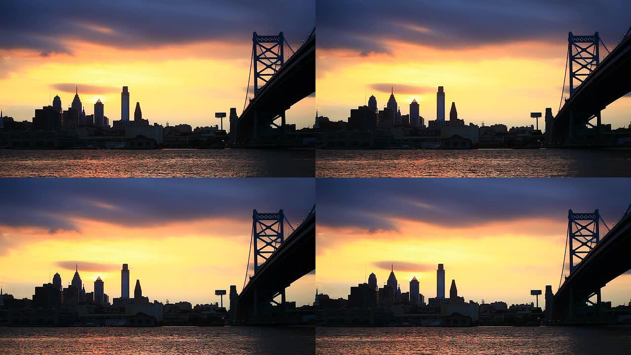 费城日落天际线，高清视频