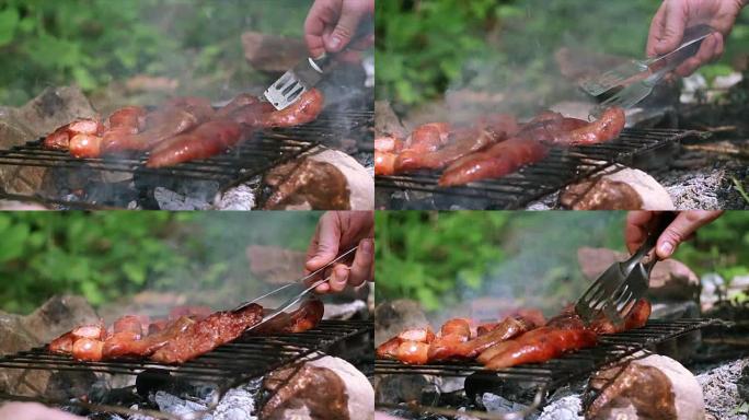 阳光明媚的野餐日烧烤时多汁的香肠