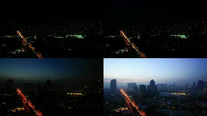 城市从夜晚到白天，延时拍摄