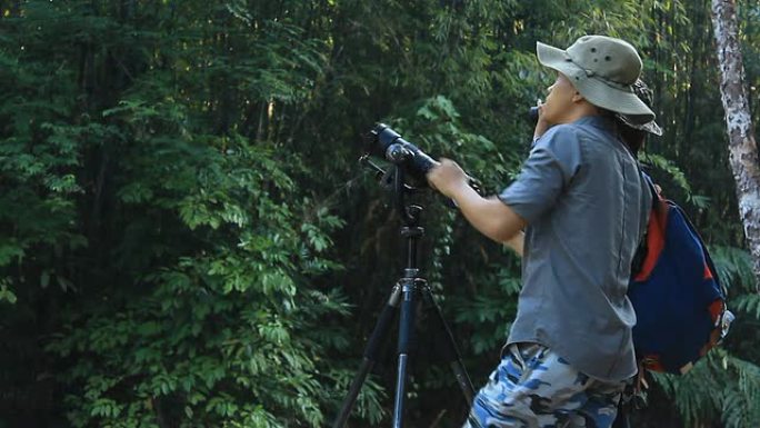 野生动物摄影师在雨林丛林中拍摄鸟类照片