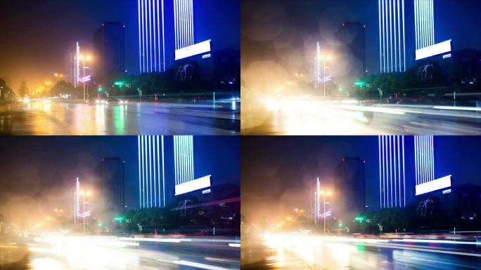 繁忙的交通，夜间照亮杭州的建筑物，时间流逝。