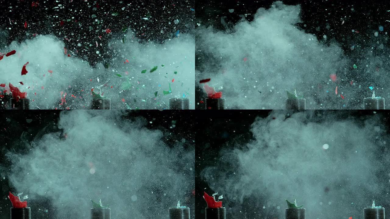 红色、绿色和蓝色灯泡的SLO MO爆炸
